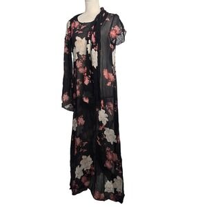 Harari S Two Piece Whimsigoth Maxi Black‎ Floral Sheer Silk Dress and Scarf Set